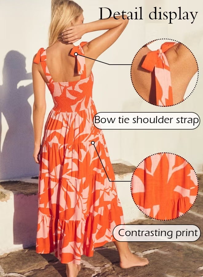 Fashion Printed Suspender Square Neck Midi Sleeveles Dress for Women's Daily Commuting and Vacation Adjustable Shoulder Strap Large Skirt High-Rise Dress - Image 4