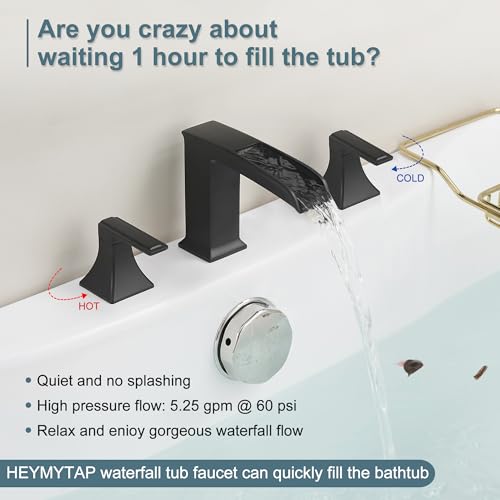 HEYMYTAP Brass High Flow Roman Bathtub Faucet Black Tub Faucet Waterfall Bath Tub Faucet Set 3 Hole Widespread Bathtub Faucets Deck Mount Bath Tub Faucets with 2 Knob PreInstalled Water Hose - Image 3