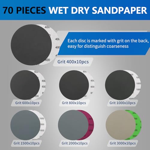 Vibra-TITE VIBRATITE 70 Pieces 5 Inch Wet Dry Sanding Discs, 400 600 800 1000 1500 2000 3000 Assortment Grits Silicon Carbide Hoop and Loop Sandpaper for Random Orbital Sander Wood Finishing Automotive Polishing - Image 2