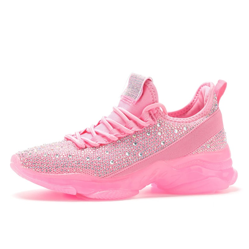 BELOS Women's Fashion Rhinestone Mesh Knit Slip On Sneaker Breathable Glitter Walking Shoes(Pink,8) - Image 1