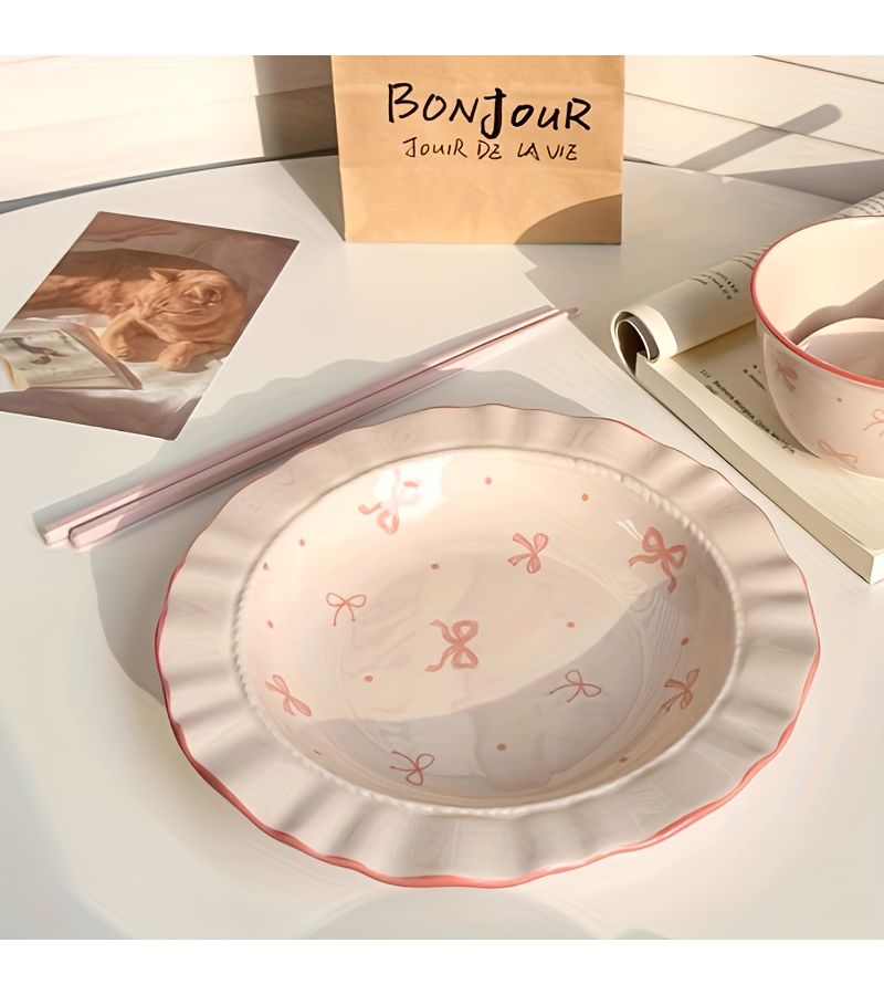 7 Piece Ceramic Tableware Set Bow Series Cute Girly Style Includes Bowl Plate Spoon For Serving Bread Desserts Pasta Rice Meat Soup Vegetable Salad Milk - Image 5