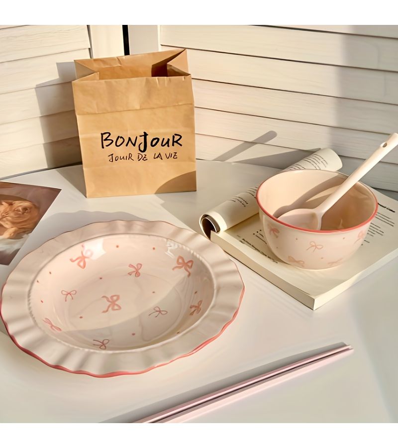 7 Piece Ceramic Tableware Set Bow Series Cute Girly Style Includes Bowl Plate Spoon For Serving Bread Desserts Pasta Rice Meat Soup Vegetable Salad Milk - Image 4