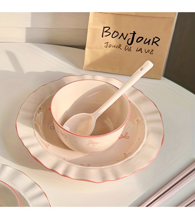 7 Piece Ceramic Tableware Set Bow Series Cute Girly Style Includes Bowl Plate Spoon For Serving Bread Desserts Pasta Rice Meat Soup Vegetable Salad Milk - Image 1