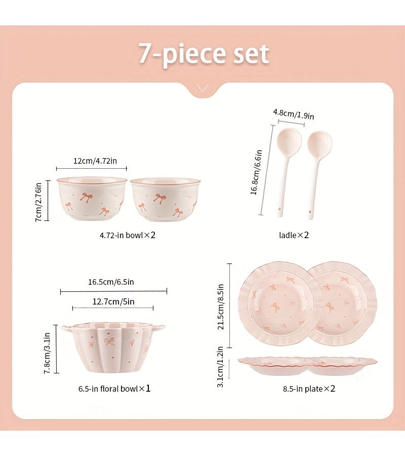 7 Piece Ceramic Tableware Set Bow Series Cute Girly Style Includes Bowl Plate Spoon For Serving Bread Desserts Pasta Rice Meat Soup Vegetable Salad Milk - Image 3