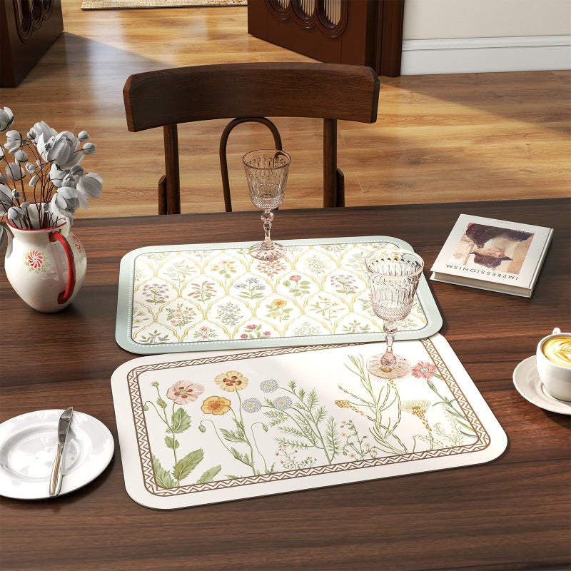 ISAENNE Designer Cottage Rectangular Placemats Set of 6,Flower Pattern PVC Placemat, Waterproof and Heat-Resistant Pastoral Style,Decoration for Kitchen,Dinning,Parties, Holiday,12"*17" - Image 2