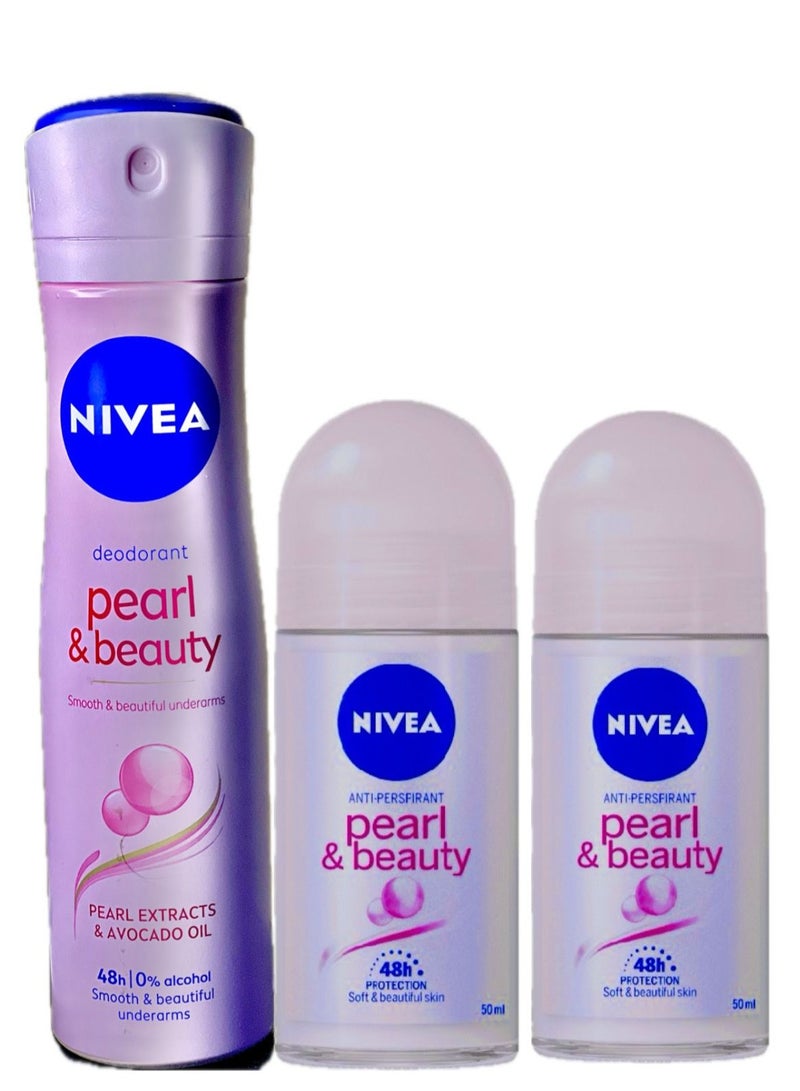 Nivea Pearl And Beauty Antiperspirant Spray 150ml & Pearl & Beauty Antiperspirant Roll 50ml x 2