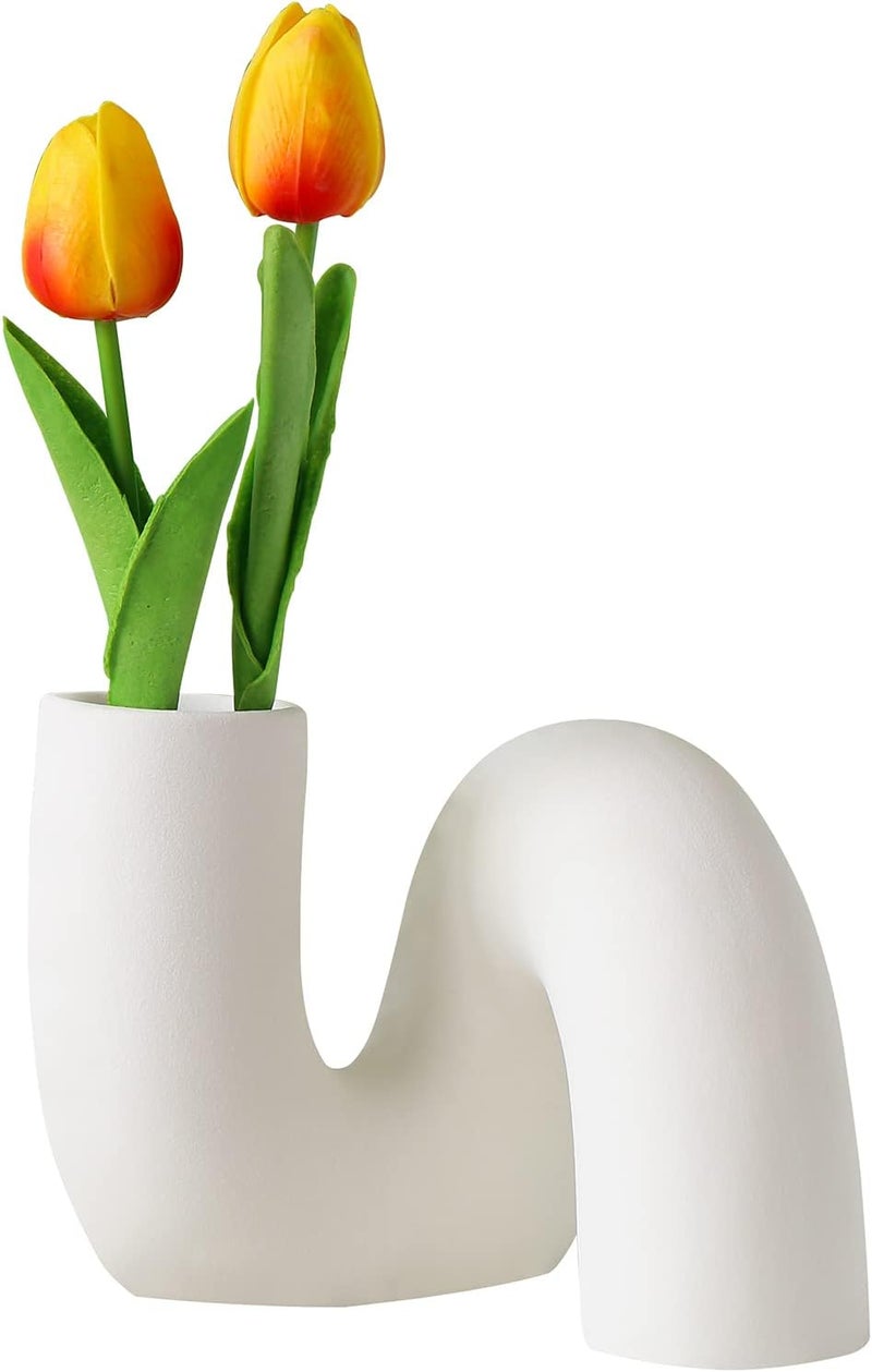 PhiDor White Twist Pipe-Shaped Ceramic Flower Vase for Decor,Modern Minimalist Abstraction Vases,Farmhouse Decorative vase for Centerpieces,Kitchen,Office, Living Room,Wedding Floral Decoration(White) - Image 1
