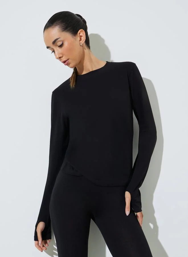 ستايلي Black Cotton Lycra T-Shirt With Thumbhole Sleeve