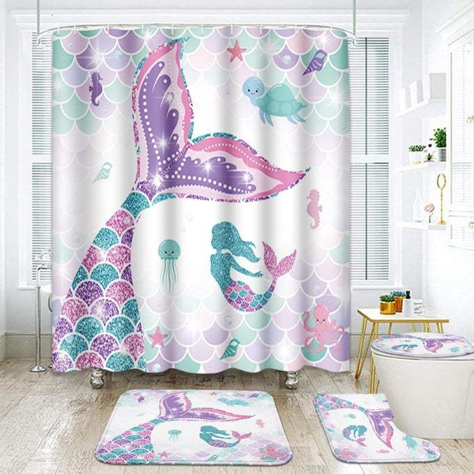 PINK MERMAID TAIL SCALES BATHROOM SET WITH SHOWER CURTAIN AND RUGS ACCESSORIES SEA TURTLE SEAHORSE OCTOPUS CONCH SHOWER CURTAIN SET CUTE SUMMER BATHROOM DECOR 4 PCS
