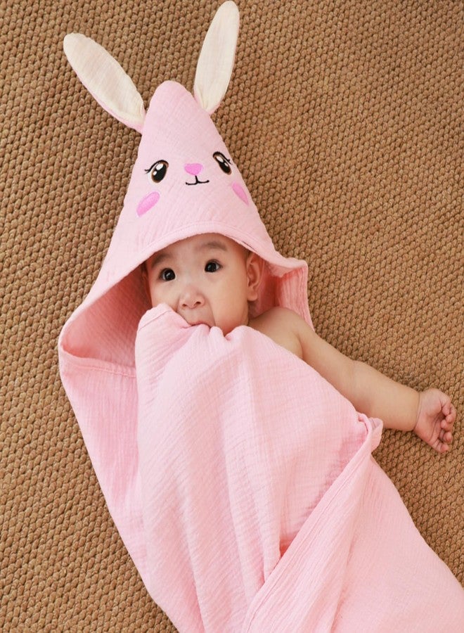 FIOBEE Hooded Baby Towels 100% Muslin Baby Bath Towels for Newborn with Animal Design Ultra-Soft and Absorbent Bath Essentials for Toddler, Unisex Girls Boys 30 x 30 inch, Pink Bunny - Image 3