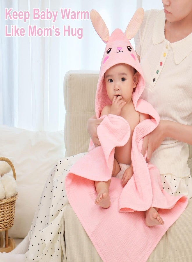 FIOBEE Hooded Baby Towels 100% Muslin Baby Bath Towels for Newborn with Animal Design Ultra-Soft and Absorbent Bath Essentials for Toddler, Unisex Girls Boys 30 x 30 inch, Pink Bunny - Image 4