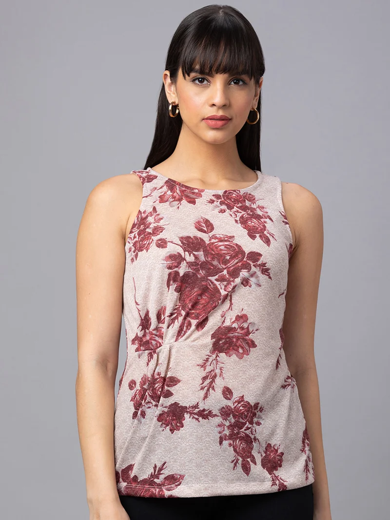 Women Pink Printed Round Neck Sleeveless Top