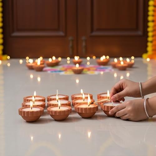 itsy-bitsy Itsy Bitsy Ready to Use Terracotta Diya Scalloped Border with Soy Wax Set of 12 | Handmade Decorative Clay Diya | Traditional Terracotta Diyas for Diwali Puja Home Temple Decoration Gift - Image 4