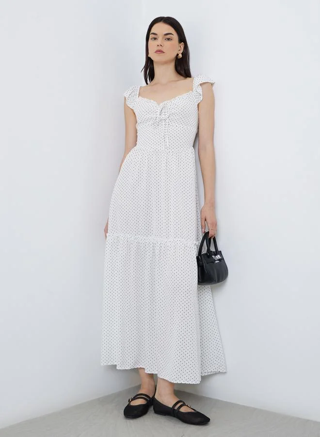 Take Two Take Two Polka Dot Print Ruffled Detail A-Line Midi Dress