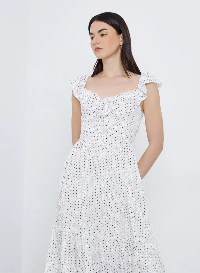 Take Two Take Two Polka Dot Print Ruffled Detail A-Line Midi Dress