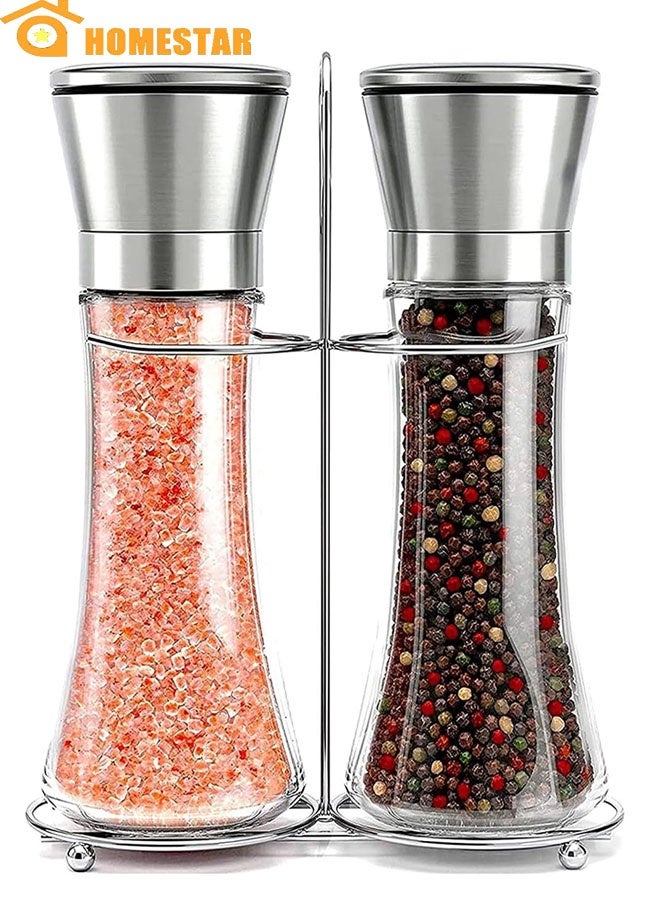 HOMESTAR Salt and Pepper Grinder Set with Stand, Stainless Steel Refillable Salt and Peppercorn Shakers - Image 1