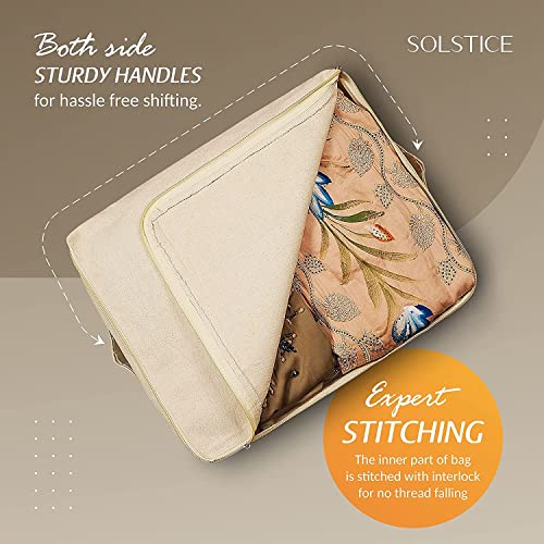SOLSTICE Cotton Canvas Clothes Storage Bags/Saree Covers With Zip For Storage Specially Design For Woman Dresses,Sarees,Lehengas For Wardrobe Organizer(17 X 14 X 7 Inch)(6),Beige - Image 3