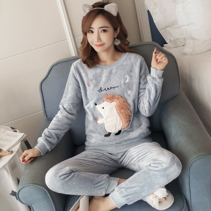 Factory wholesale pajamas women's winter coral fleece suit cartoon cute round neck flannel warm student homewear - Image 4
