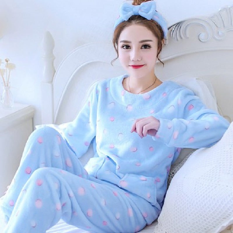 Factory wholesale pajamas women's winter coral fleece suit cartoon cute round neck flannel warm student homewear - Image 3