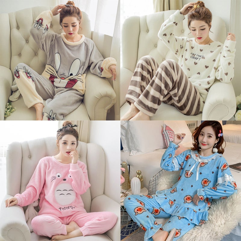 Factory wholesale pajamas women's winter coral fleece suit cartoon cute round neck flannel warm student homewear - Image 2