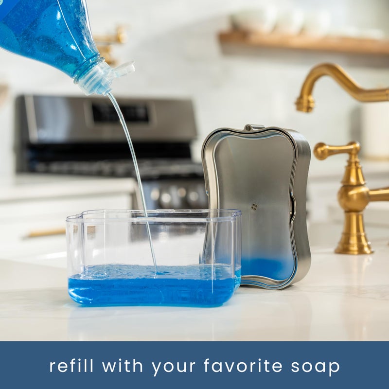 S&T INC. Dish Soap Dispenser and Sponge Holder for Kitchen Sink, Sponge Included, 13 Ounces, Metallic Silver - Image 3