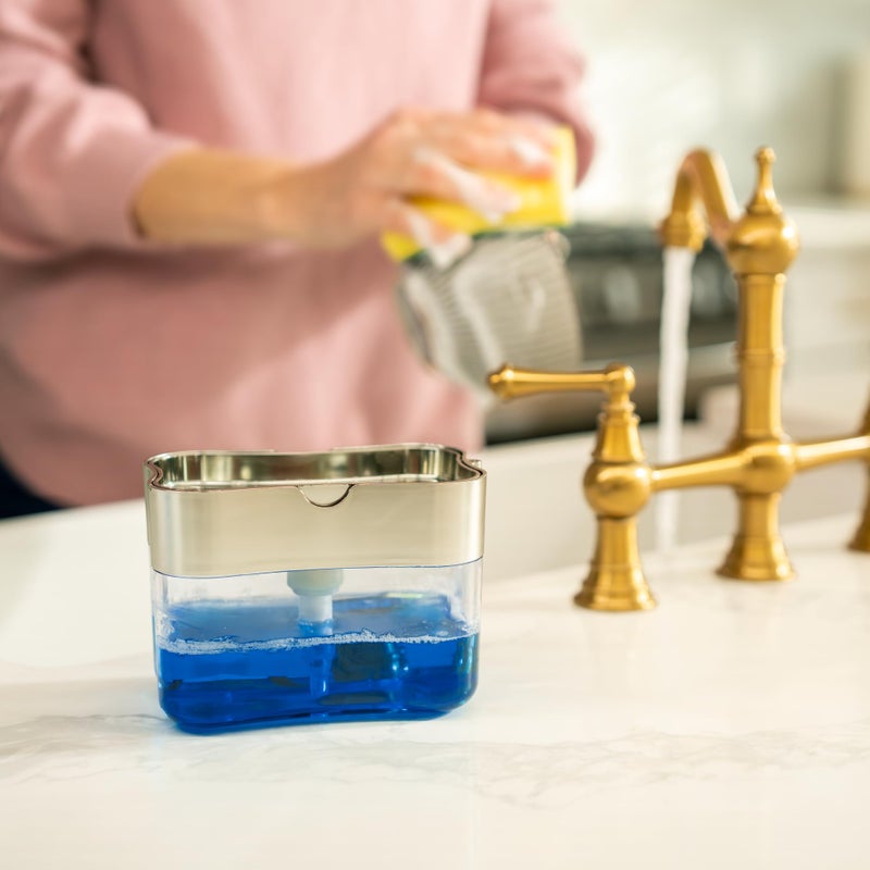 S&T INC. Dish Soap Dispenser and Sponge Holder for Kitchen Sink, Sponge Included, 13 Ounces, Metallic Silver - Image 4