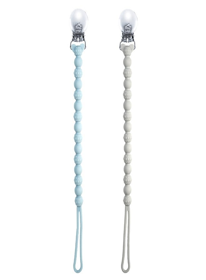 RaZbaby Silicone Pacifier Holder 2 Pack, RaZzies Durable Textured Lanyard Fits Most Pacis Toys, 100% Soft BPA-Free Silicone, Attachable Clasp, Universal Fit, Lightweight - Blue/Grey - Image 1