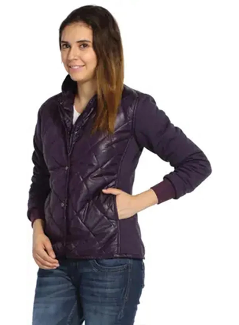 Campus Sutra Women's Eggplant Purple Block-Quilted Puffer Jacket