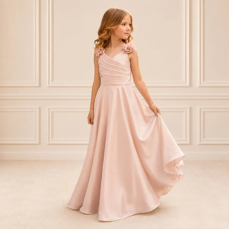 Via Bambino Blush Floral-Strap Pleated Satin Ballgown 5689