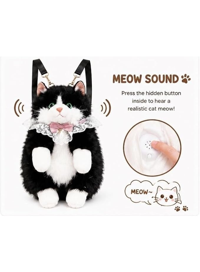 Realistic Plush Cat Backpack for Women & Girls, Cute 3D Animal Tuxedo Kitten Shoulder Sling Bag, Soft Faux Fur Stuffed Cat Crossbody Bag for Travel, Cosplay & Novelty Gifting - Black & White - Image 2