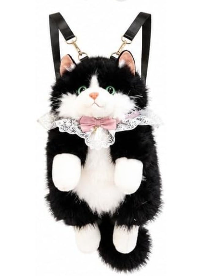 Realistic Plush Cat Backpack for Women & Girls, Cute 3D Animal Tuxedo Kitten Shoulder Sling Bag, Soft Faux Fur Stuffed Cat Crossbody Bag for Travel, Cosplay & Novelty Gifting - Black & White - Image 1
