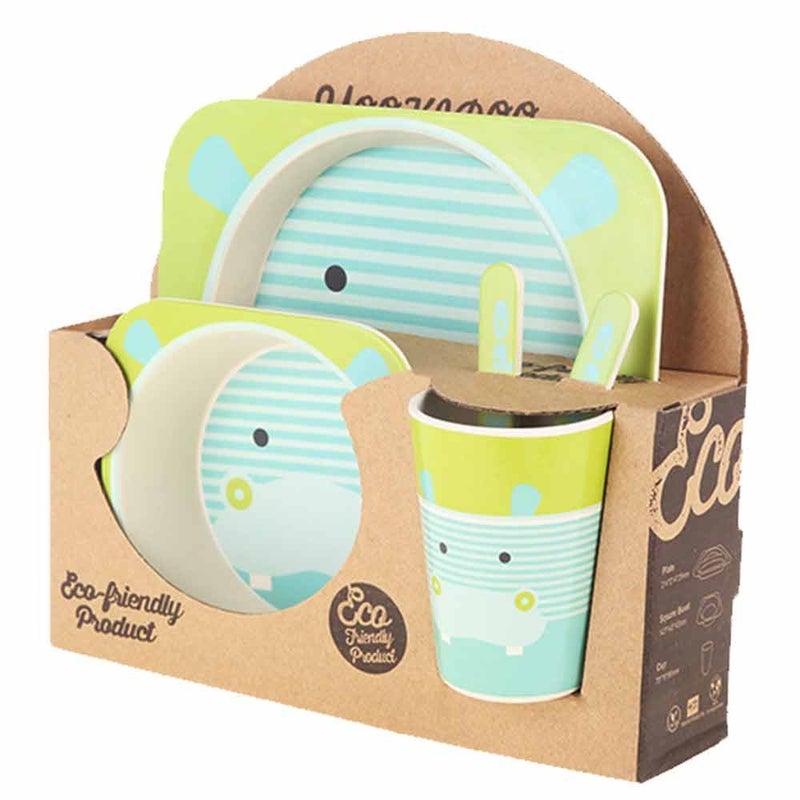 EZ Life 5 Pcs Kids Dining Set - Green Hippo - Eco Friendly - Bamboo Fibre - Plate, Bowl, Spoon, Fork & Cup - Multicolor Crockery Dinner Set, Dinnerware, Home Kitchen, Kids Dinner Plate, Serveware - Image 3