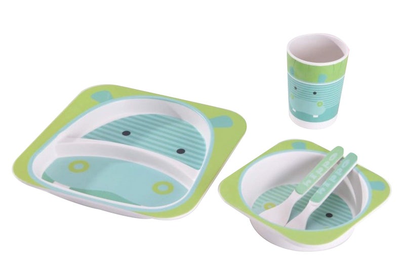 EZ Life 5 Pcs Kids Dining Set - Green Hippo - Eco Friendly - Bamboo Fibre - Plate, Bowl, Spoon, Fork & Cup - Multicolor Crockery Dinner Set, Dinnerware, Home Kitchen, Kids Dinner Plate, Serveware - Image 1