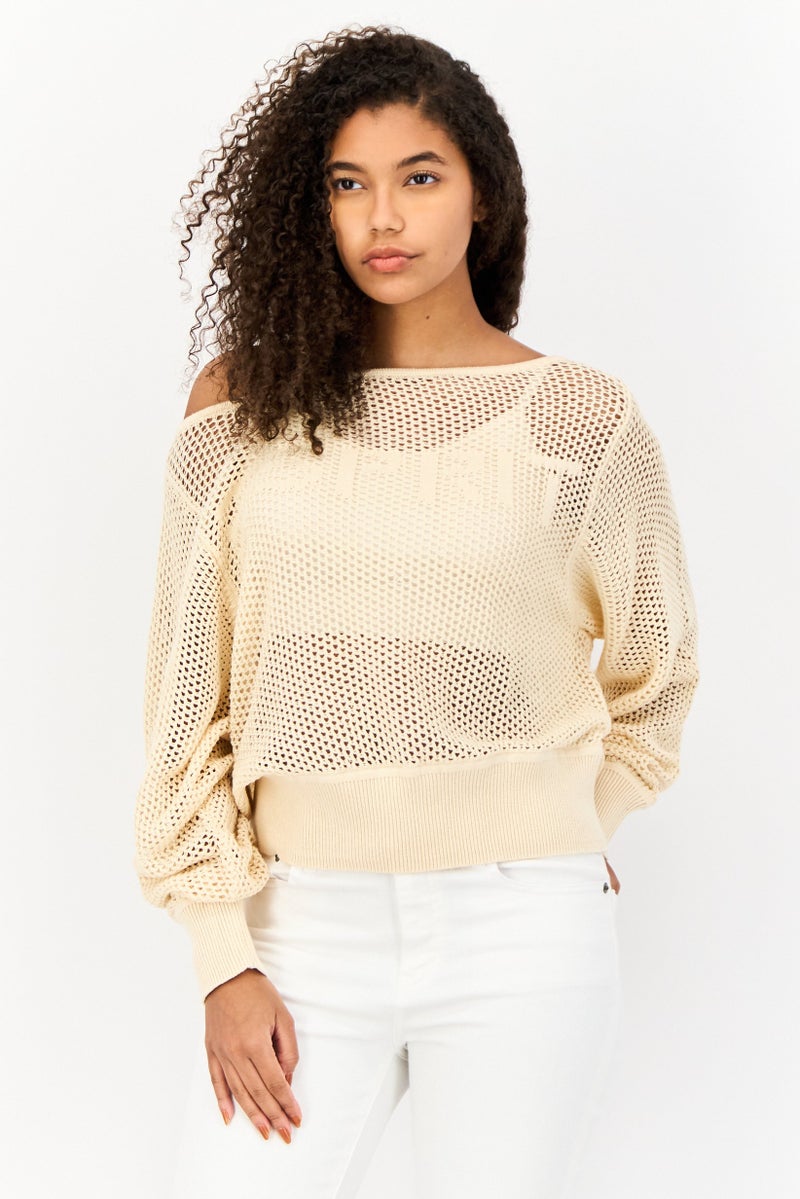 ESPRIT كنزة كروشيه غير متساوية للنساء، بيج - Image 1