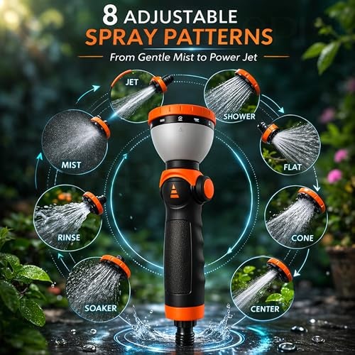 Episkey 8-Pattern High-Pressure Garden Hose Nozzle – Heavy-Duty Water Spray Gun with Leak-Proof Design, Metal Grip Lock, Adjustable Flow for Garden Watering, Car Washing & Cleaning - Image 3