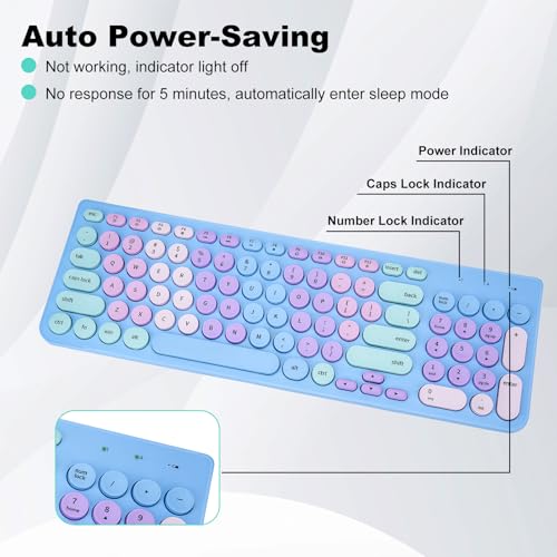 GUKJOB Wireless Keyboard and Mouse Combo, Retro Typewriter Keyboard with Round Keycaps, 2.4GHz USB Cute Wireless Keyboard Mouse for Computer, Desktop, Laptop and Computer (Rainbow Blue) - Image 3