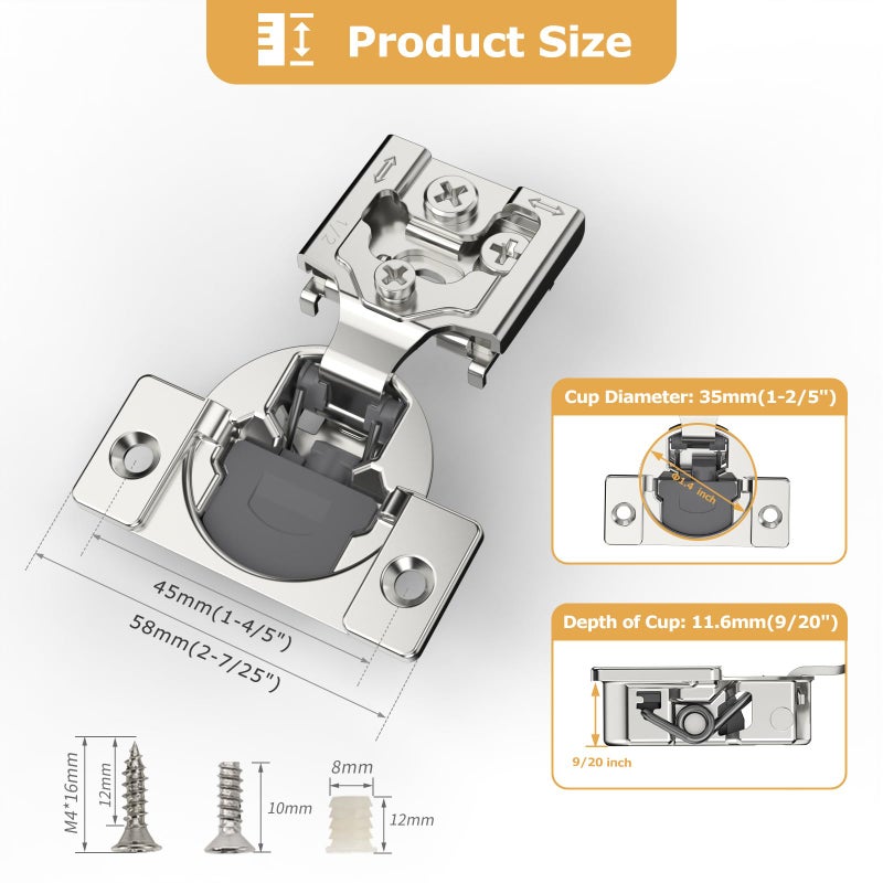 FURNIWARE 10 Pieces Soft Closing Cabinet Hinges, 1/2 inch Overlay Cabinet Hardware Hinges Nickel Plated- 105 Degree - Image 4