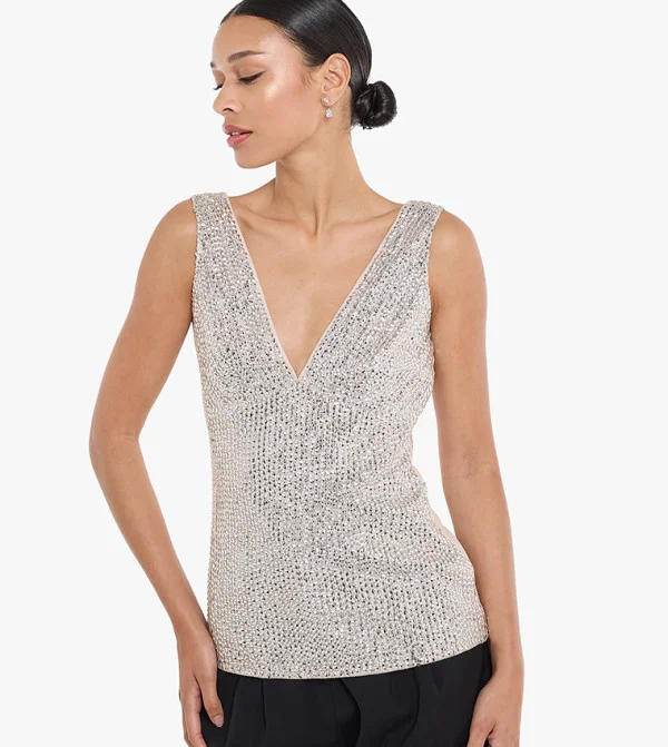 بي سي بي جي Womens V Neck Sequins Top