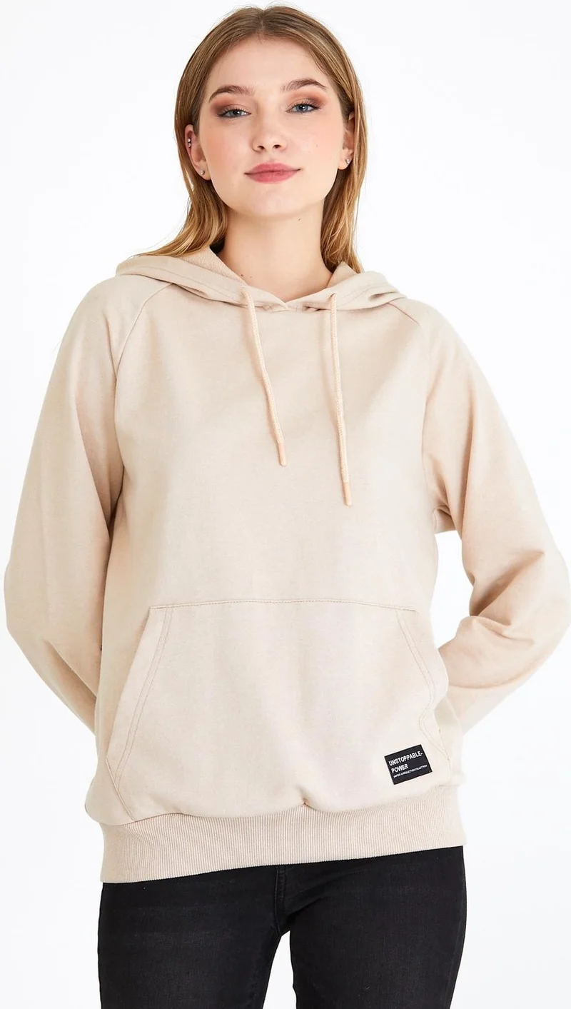 ميتاليك Women's Beige Hooded Basic Knitted Sweatshirt