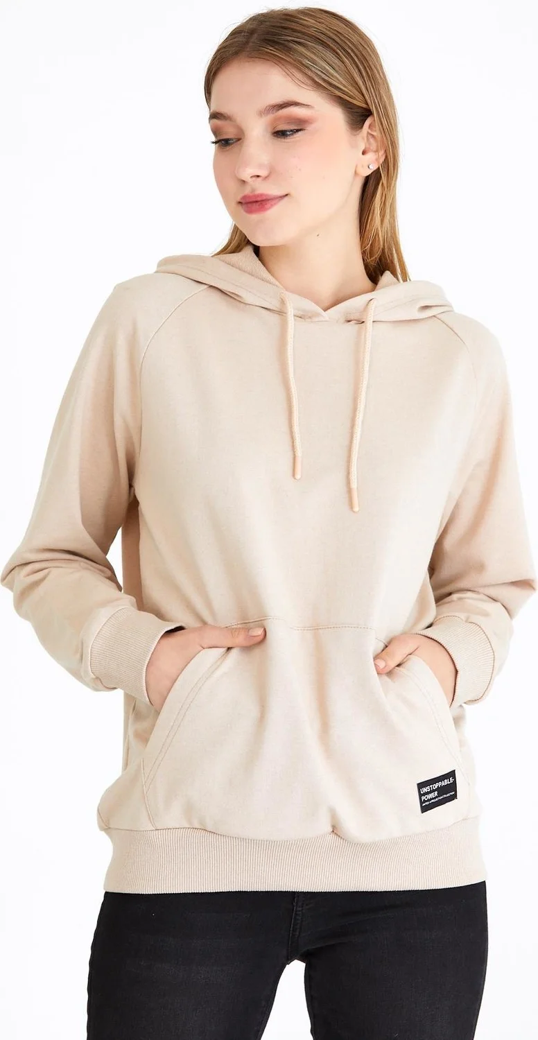 ميتاليك Women's Beige Hooded Basic Knitted Sweatshirt