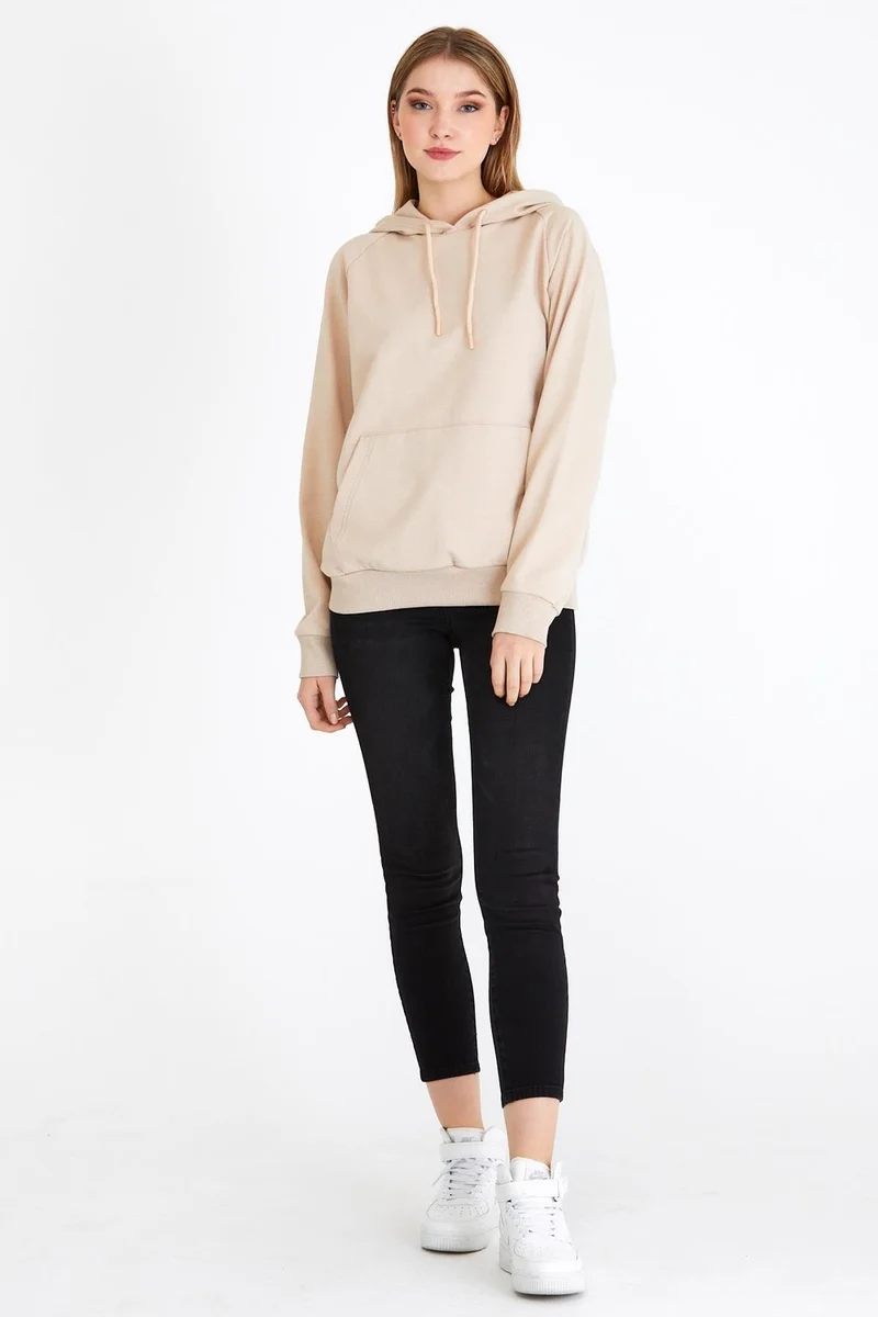 ميتاليك Women's Beige Hooded Basic Knitted Sweatshirt
