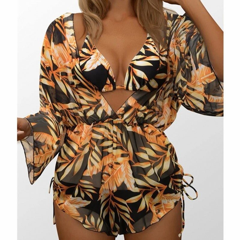 Long-Sleeved Mesh Tunic Waist Swimsuit High Waist Printed Drawstring Three-Piece Bikini - Image 1