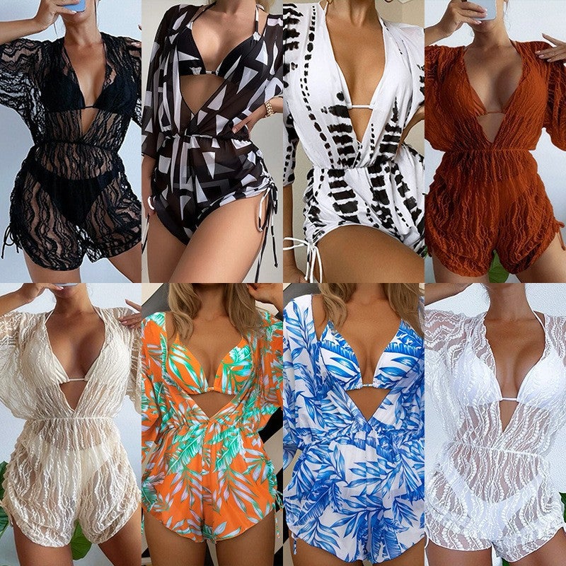 Long-Sleeved Mesh Tunic Waist Swimsuit High Waist Printed Drawstring Three-Piece Bikini - Image 2