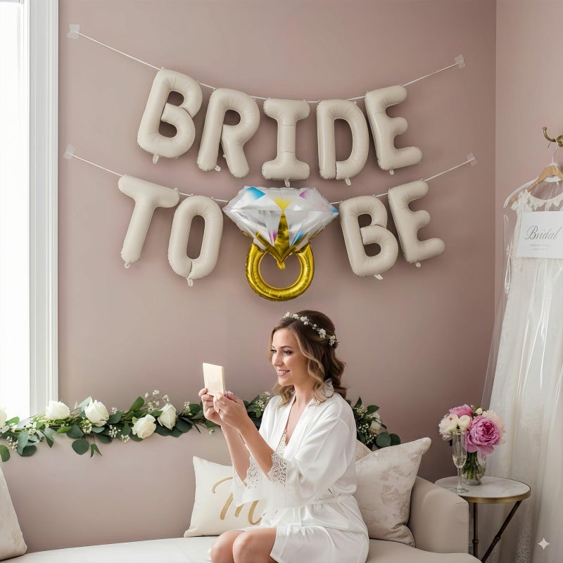 Paeyeq Beige Bachelorette Party Decorations, Cream White Sand Bride To Be Bridal Shower Letter Balloons Banner with Diamond Ring Mylar Foil Balloon for Engagement Wedding Photo Booth Hen Room Party Decor - Image 3