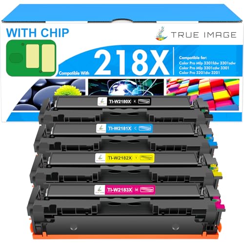 TRUE IMAGE 218X Toner Cartridges 4 Pack 218A 3301sdw 3301fdw 3301 Compatible Replacement for HP 218 Color LaserJet Pro MFP 3301fdw 3301cdw 3201dw 3201 Printer High Yield Ink Set W2180X with Chip (B/C/Y/M) - Image 1