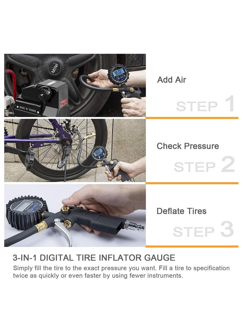 Digital Tire Inflator with Pressure Gauge, 250 PSI Air Chuck and Compressor Accessories Heavy Duty Rubber Hose Quick Connect Coupler for 0.1 Display Resolution - Image 3