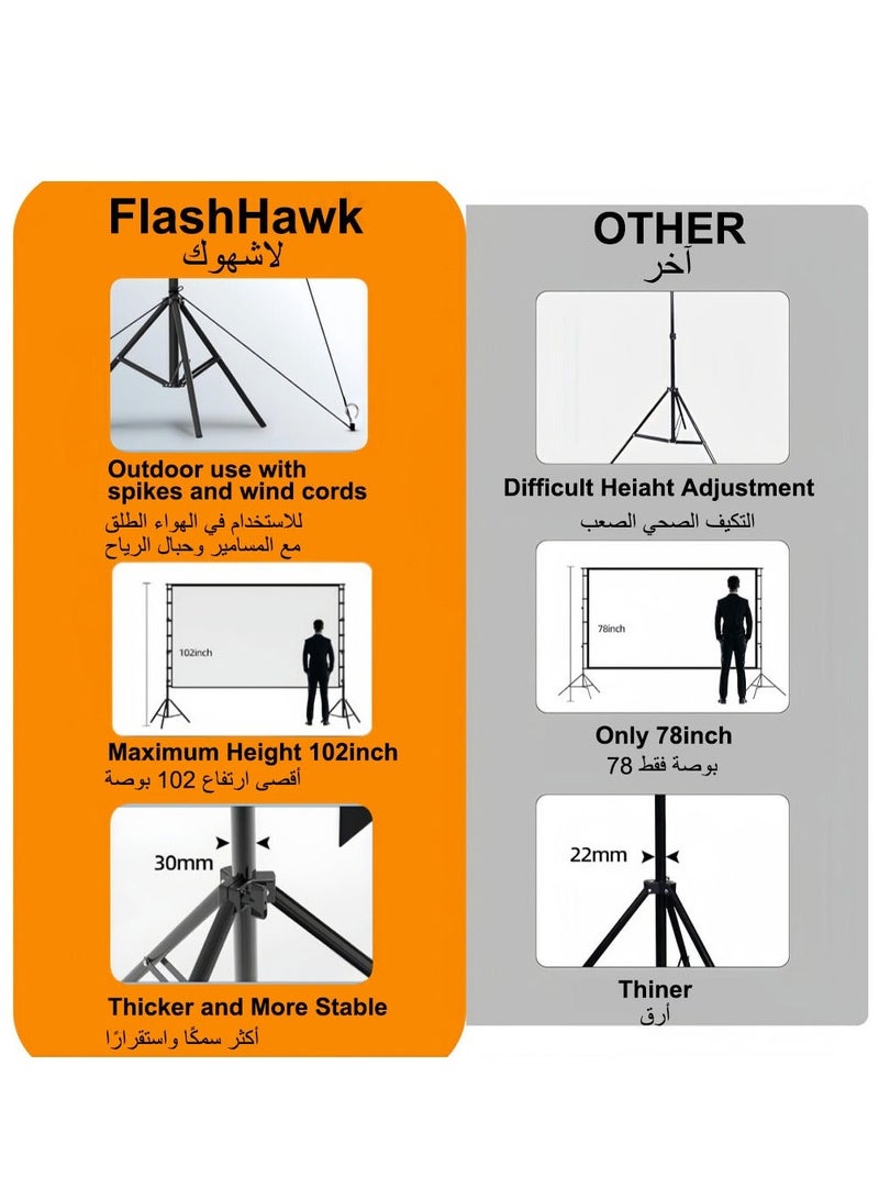 FlashHawk 100 inch 16:9 Outdoor and Indoor Portable Projector Screen with 2.6M High Tripod Stands - Image 3
