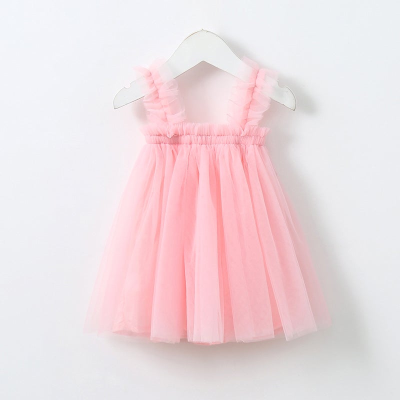 Solid Color Children'S Wear Girls' Slip Skirt Children'S Fungus Shoulder Mesh Lace Skirt Pleated Skirt Princess Skirt - Image 3