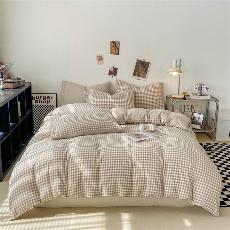 Nayoroom Gingham Duvet Cover Queen Size Brown Tan Plaid Checkered Comforter Cover 3 Pieces Soft Lightweight Washed Microfiber Farmhouse Grid Dorm Bedding Set with Pillowcases - Image 1