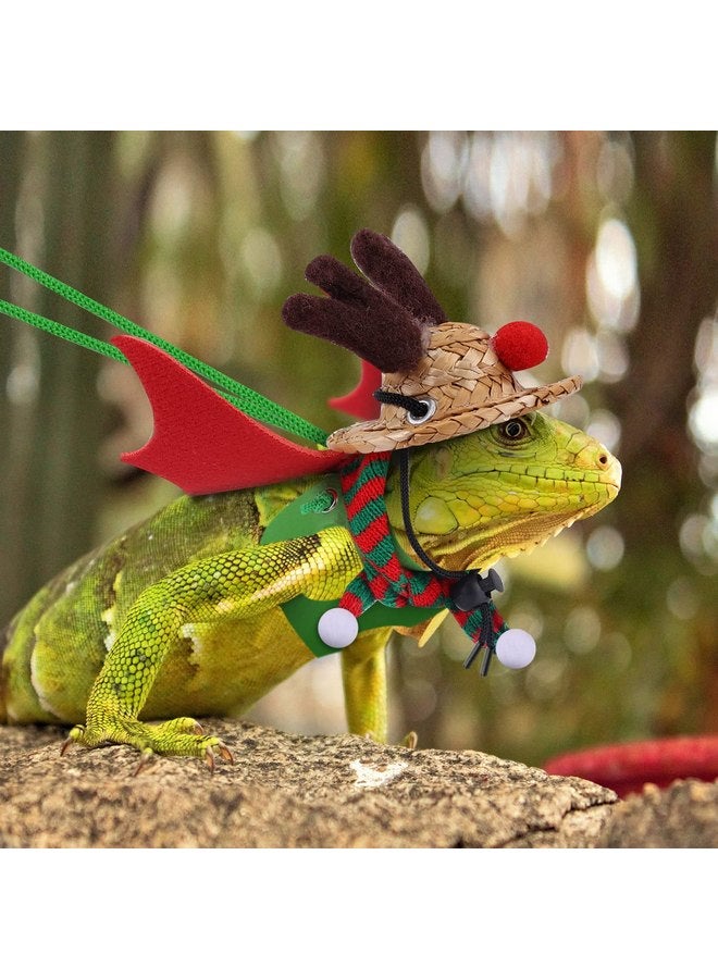 KINBOM 1 Set Bearded Dragon Christmas Costume, 7pcs Bearded Dragon Christmas Clothes Accessories Bearded Dragon Scarf Santa Hat Small Lizard Leash Harness for Reptile Christmas Holiday Cosplay (Green & Red) - Image 3